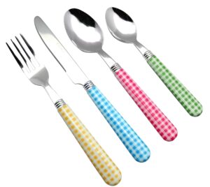 EXZACT Cutlery Set 24pcs Stainless Steel with Gingham Check Coloured Handles - 6 x Forks