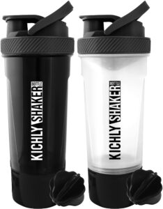 KICHLY (Set of 2 Classic Protein Shaker Bottle (700 ml) with Protein Shaker Ball - Non-Leak Cap with Shaker Cups for Protein Shakes or Supplement – Perfect Fitness & Workout Partner (Black & Clear)