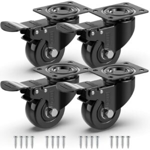 GBL Heavy Duty Castor Wheels with 4 Brakes + Screws - 50mm up to 200KG - Pack of 4 No Floor Marks Silent Caster for Furniture - Rubbered Trolley Wheels - Black Castors