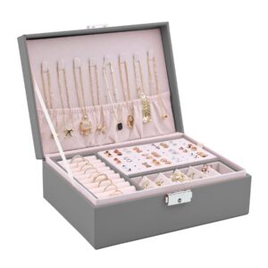 Januts Jewellery Box Organiser Jewelry Storage Case for Women Girls PU Leather 2 Layers Large Jewellery Case for Rings Earrings Necklaces Bracelets Jewellery Boxes Holder with Removable Tray