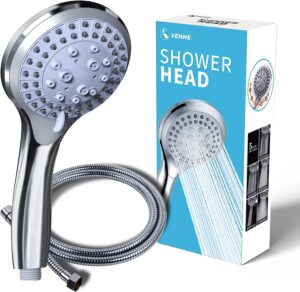 VEHHE Shower Head Powerful Flow with 1.5m Chrome Shower Hose Pressure Boosting Shower Head Spray with 5 Modes Water Saving Bathing for Adults Children Pets Home and Gym Use