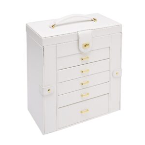 Amazon Basics Large Jewellery Box with 6-Layer Leather and Side Storage - White