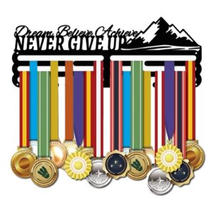 SUPERDANT Running Competition Medal Holder Motivating Word NEVER GIVE UP Accommodate for 60+ Medals Black Iron Wall Mounted Hooks for Competition Medal Holder Display Wall Hanging 40x15cm