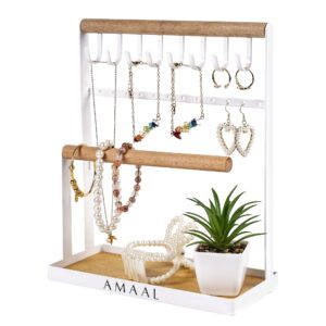 AMAAL Jewellery Organiser – 4-Tier Aesthetic Room Decor Jewellery Stand – Durable Elegant Necklace Stand with Mini Plant Included – Earring Holder Wooden Tray Holds Perfume