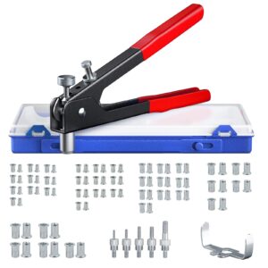 eSynic 86Pcs Heavy Duty Hand Riveter Kit Rivet Nut Gun，Threaded Rivet Nut Kit Set Nut Rivet Tool，Rivet Nutsert Gun，Hand Riveter Rivet Nut Gun，with Interchangeable Mandrel Metric M3 M4 M5 M6 M8