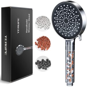 Shower Head High Pressure with Filter - YEAUPE Handheld Powerful Flow Shower Heads with Beads Filter Pressure Boost Water Saving 6 Modes Shower Heads for Hard Water Low Water Pressure Showerheads