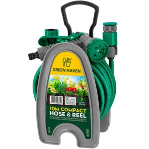 Green Haven Lightweight Garden Hose Reel - 10m Compact Hose Pipe Reel with 7 Adjustable Spray Gun Nozzles - Outdoor Mini Hose Gun with Accessories for Irrigation - Easy Storage Hosepipe & Reel Se