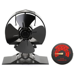 CRSURE Wood Stove Fan Upgrade 4 Blades Log Burner Fan Heat Powered Stove Fans Silent Operation for Wood/Log Burner/Fireplace-Eco Friendly&Increased Efficient with Stove Thermometer (Small Size)