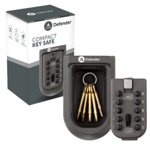 Defender Compact Key Safe - Mini Combination Outdoor Key Safe - Waterproof Push Button Key Safe - Free Fixing Kit - Wall Mount Key Lock Box - Push Button Wall Mounted Key Safe - Key Cabine