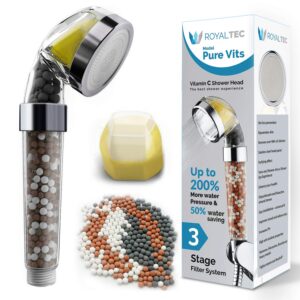ROYALTEC Vitamin C Filtered Shower Head Fluoride & Chlorine Shower Filter – Softens Hard Water – Increases Water Pressure Saving Water - with Extra Replacement Stones