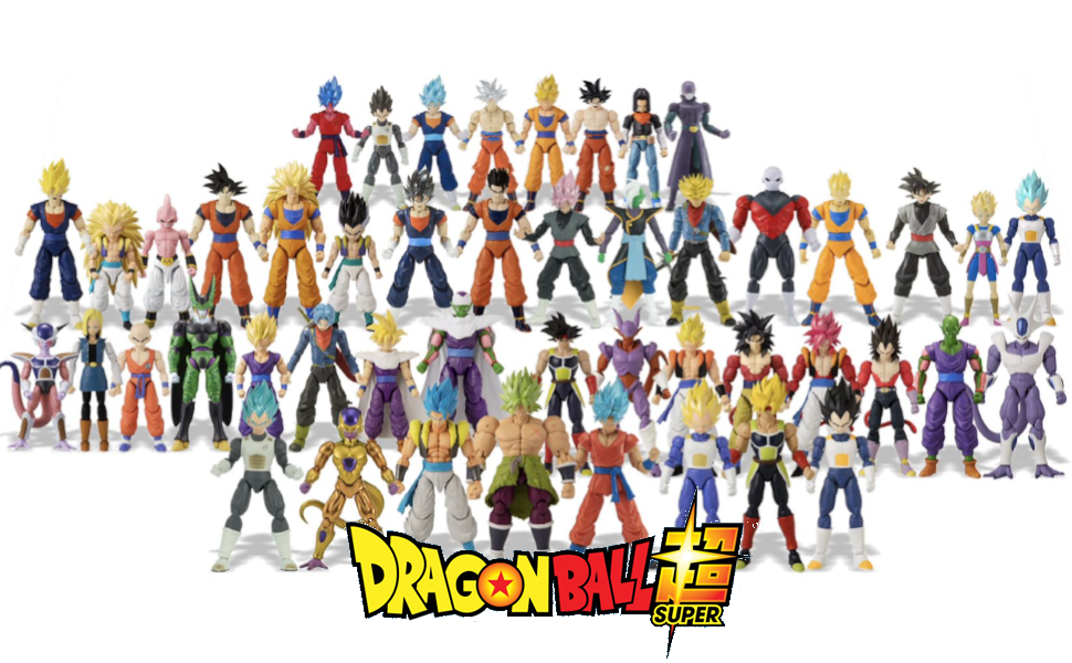 Dragon Ball Super logo and full range of Dragon Stars figures arranged in rows