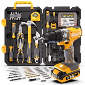 Hi-Spec 81pc Yellow 18V Cordless Power Drill Driver. Complete Home & Garage Hand Tool Kit Set for DIY