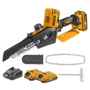 INGCO 20V Cordless Mini Chain Saw 6 Inch Brushless Lithium-Ion One-Hand Mini Chain Saw for Wood Cutting with 2Pcs 2.0Ah Battery and 1Pcs Charger CGSLI20682-8