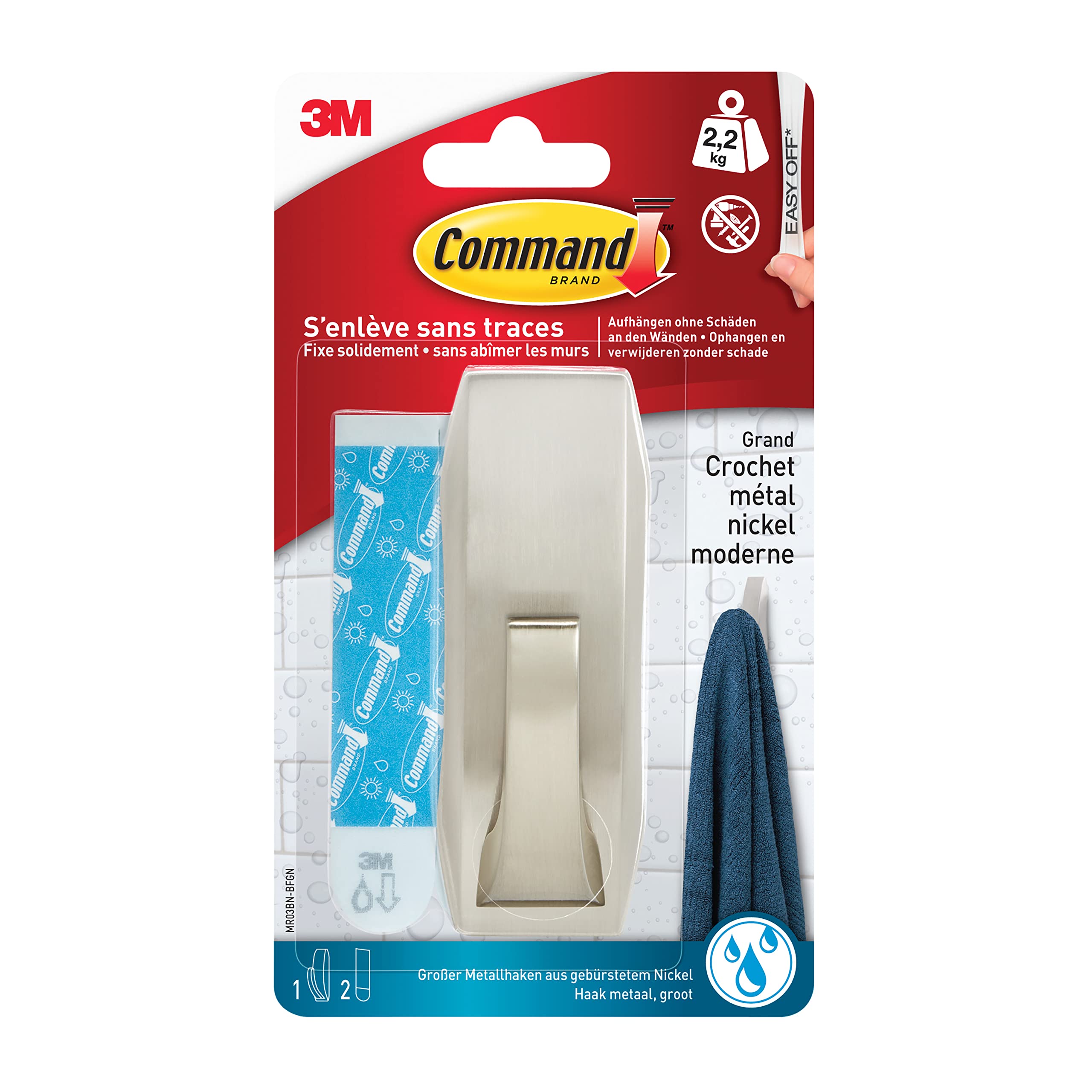 Command WMR03BN Chrome Square Waterproof Metal Hooks L