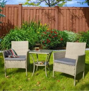 GardenCo 2 Seat Rattan Weave Bistro Set with High Glass Top Table and Two Chairs - Outdoor Furniture for House