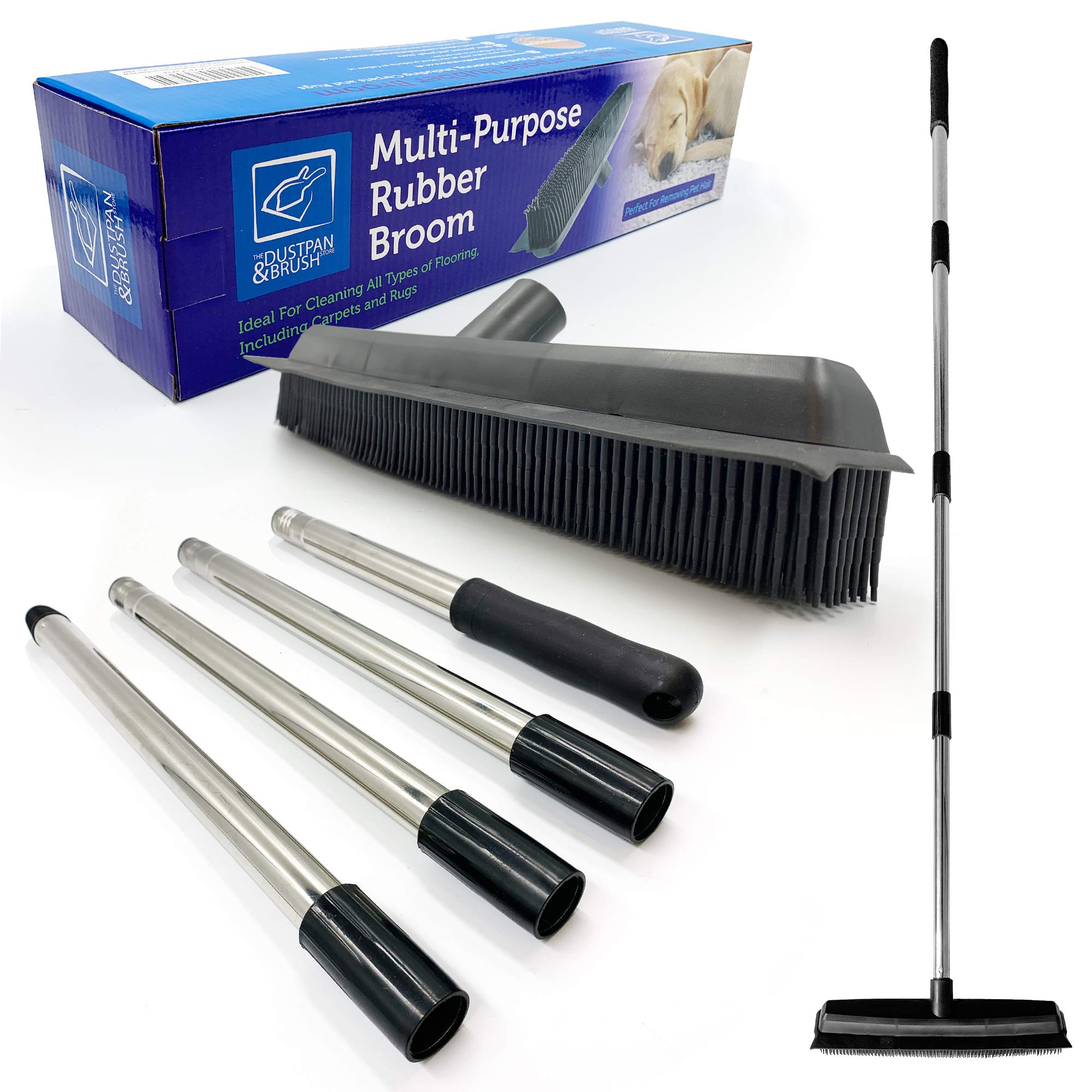 Rubber Broom Carpet Brush Indoor Floor & Carpet Sweeper Silicone Bristle Remove Pet Cat Dog Hair From Flooring Pile Rug with Long Collapsible Handle Kitchen Floor Cleaning Sweeping Brush Rake