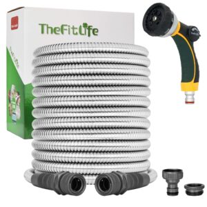 TheFitLife Metal Garden Hose Pipe - Flexible Stainless Steel Water Hose with Solid Fittings and Sprayer Nozzle - Leak Proof Kink Free