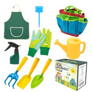 Pelle & Sol 9PC Kids Gardening Tool Set - Children's Garden Tool Kit Shovel Rake Trowel Sprayer Gloves Apron Watering Can with Canvas Tote Bag