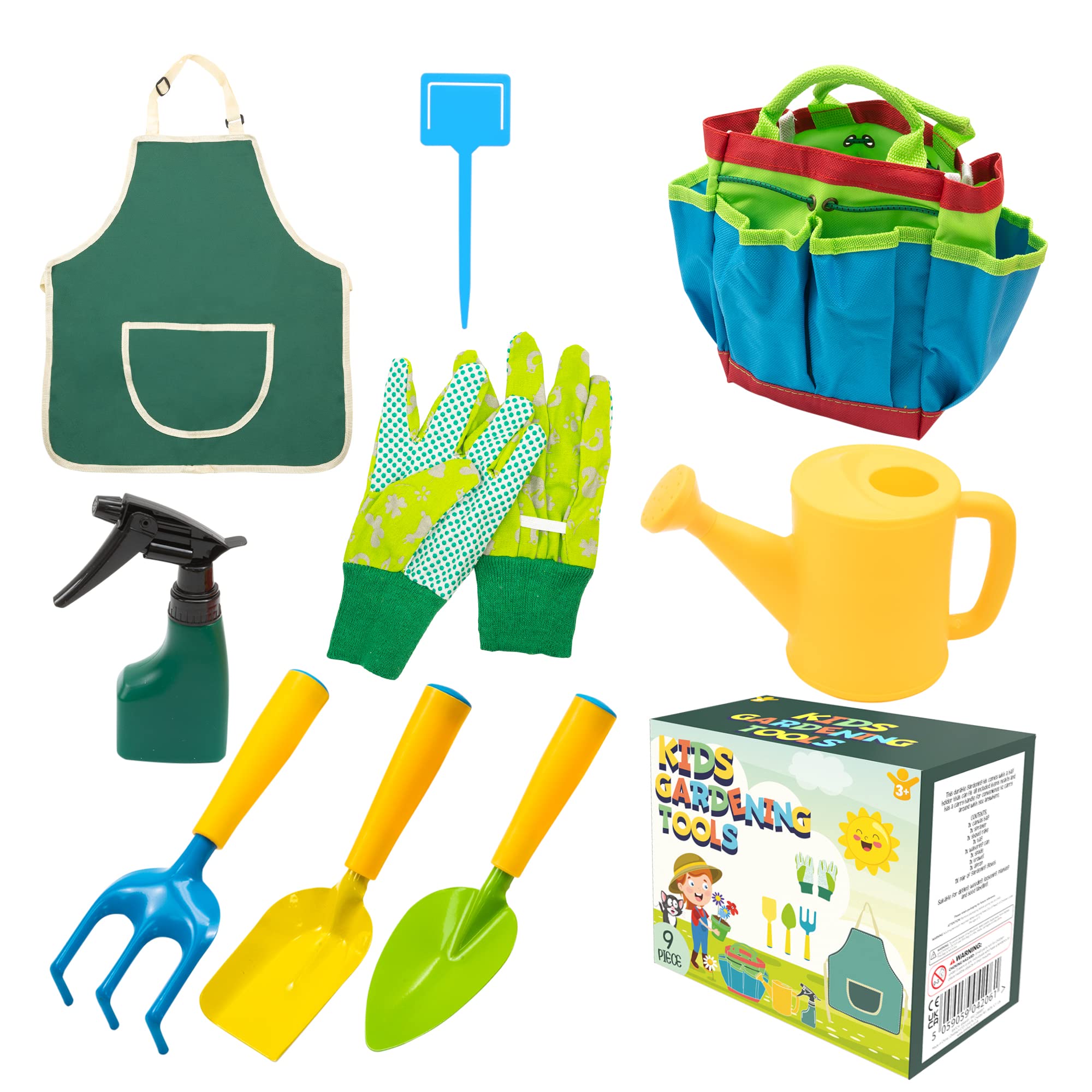 Pelle & Sol 9PC Kids Gardening Tool Set - Children's Garden Tool Kit Shovel Rake Trowel Sprayer Gloves Apron Watering Can with Canvas Tote Bag