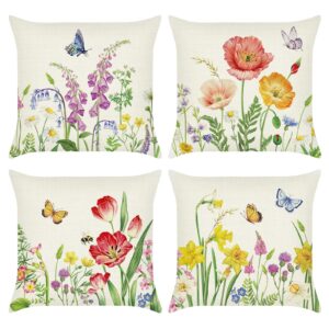 Bonhause Spring Floral Cushion Covers 45 x 45 cm Garden Flower Butterfly Decorative Throw Pillow Covers Polyester Linen Pillowcases for Sofa Couch Garden Patio Decor Set of 4