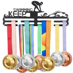 SUPERDANT Swimming Medal Holder Iron Medals Display Motivating Word KEEP SWIMMING Accommodate for 60+ Medals Black Iron Wall Mounted Hooks for Competition Medal Holder Display Wall Hanging 40x15cm