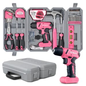 Hi-Spec 57pc Pink 8V USB Electric Drill Driver & Household Tool Kit Set. DIY Cordless Power Screwdrive