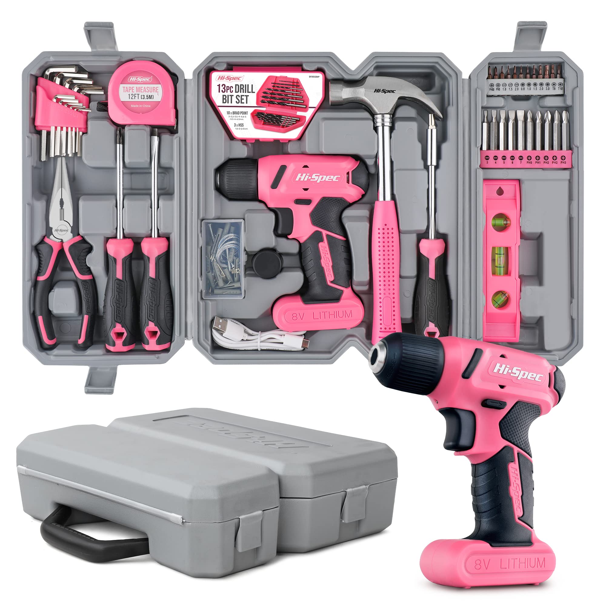 Hi-Spec 57pc Pink 8V USB Electric Drill Driver & Household Tool Kit Set. DIY Cordless Power Screwdrive