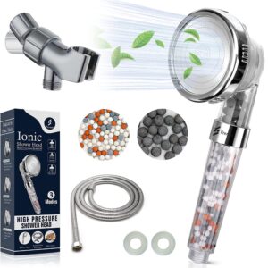 FRENSO Ionic Shower Head with 2M Shower Hose and Shower Holder - High Pressure Shower Heads to Increase Pressure Filter Shower Head with Replacement Beads