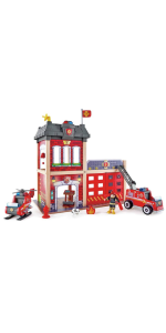 wooden toy-fire-station, sustainable-wooden-toy, fire-station-playset, toy-vehicles