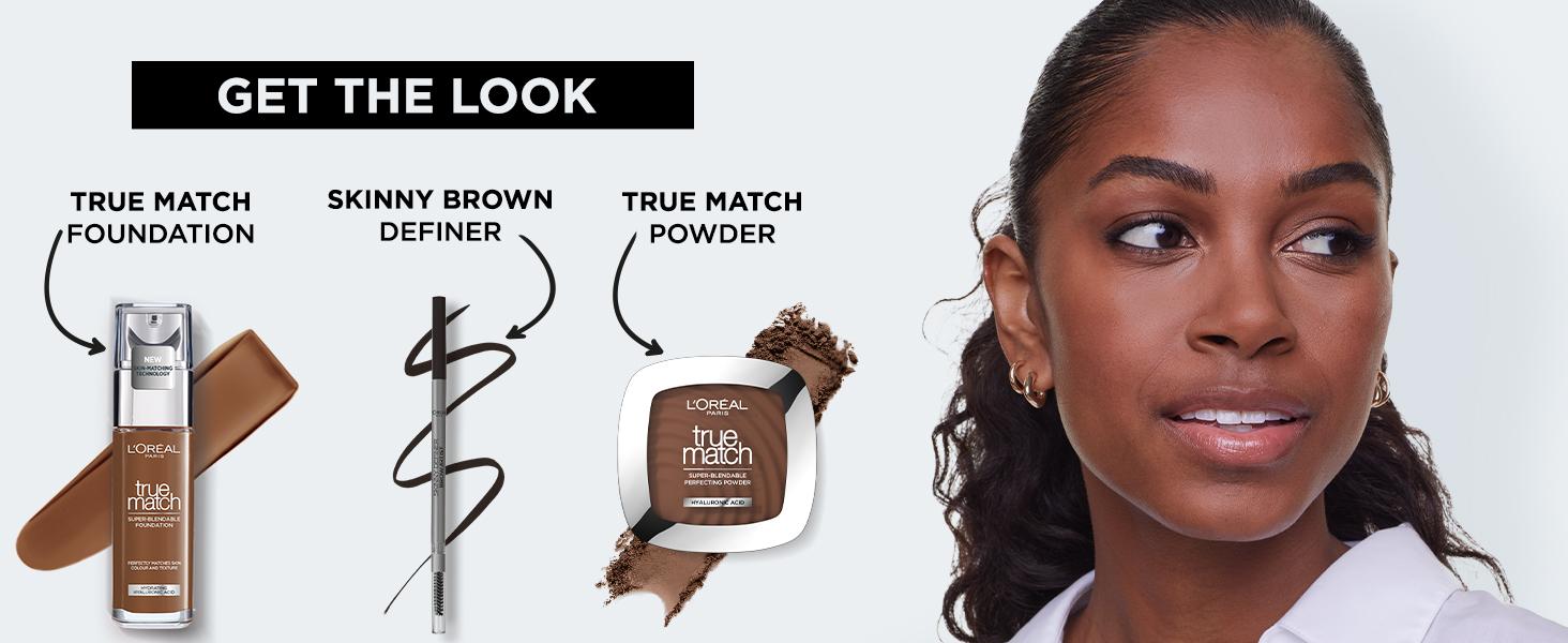 get the look by with true match foundation, brown definer, and true match powder