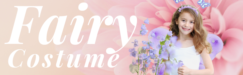 Girl dressed in a pretty purple fairy costume with a butterfly headband and fairy wings