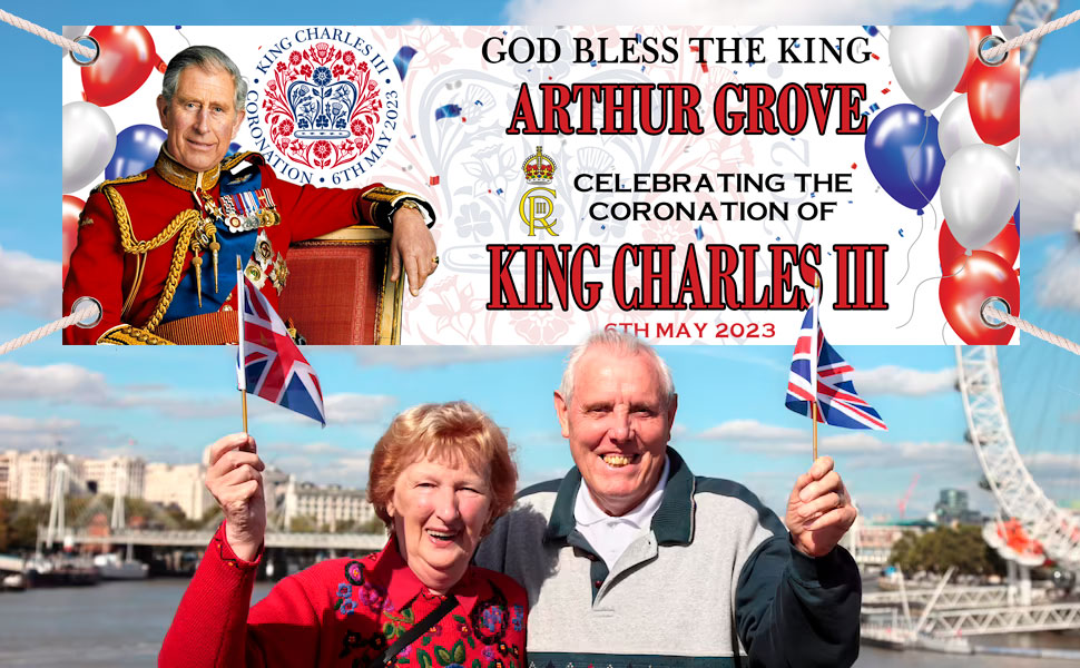 Personalized King Charles III Coronation Day banner celebration backdrop