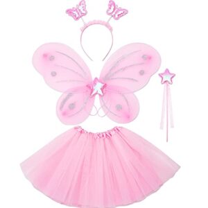 Fairy Costume for Girls - Pink Butterfly Wings Kids with Star Wand Butterfly Headband and Tutu Skirt - Fairy Wings Pink Fairy Costume for 3-8yrs Butterfly Costume with Angel Wings for Butterfly Outfi