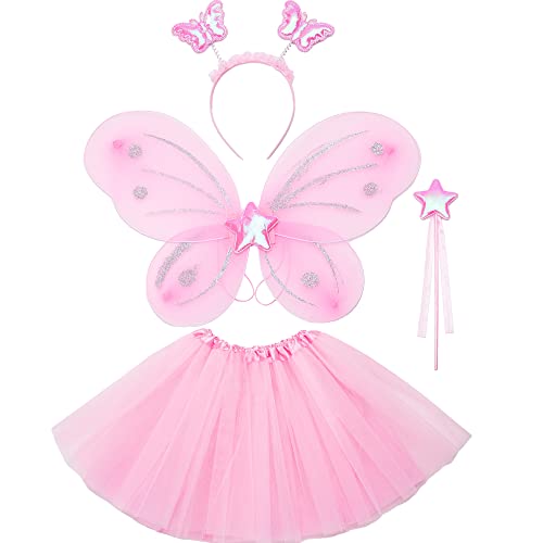 Fairy Costume for Girls - Pink Butterfly Wings Kids with Star Wand Butterfly Headband and Tutu Skirt - Fairy Wings Pink Fairy Costume for 3-8yrs Butterfly Costume with Angel Wings for Butterfly Outfi