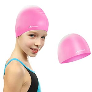 Kids Swimming Cap for Boys and Girls - Silicone Swim Caps for Age 5-12 Child Youth Teen - Swimming Hats Comfortable Fit for Long Hai