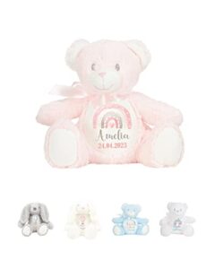 Hoolaroo Personalised Teddy Bear for Girl New Boy Baby Gift Newborn Baby Present 1st Birthday Gift 2nd 3rd 4th 5th Teddies Christening Baptism First Keepsake Rainbow (Pink Teddy