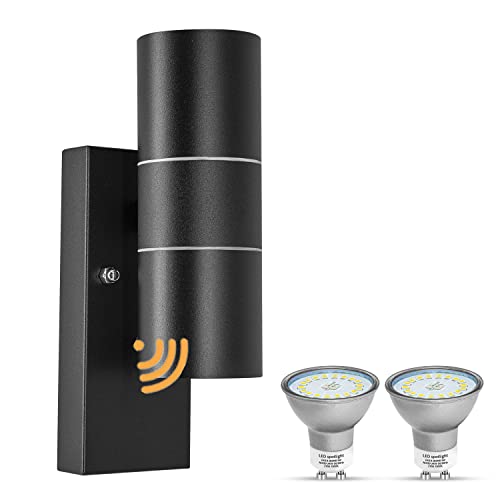 Unikcst Dawn to Dusk Outdoor Wall Lights Mains Powered IP44 Up Down Outside Lights with Sensor Black 240V - Incl. 2X 5W LED GU10 Bulbs Cool White            [Energy Class F]