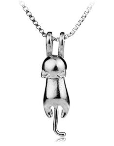 Wonvin Collection Womens 925 Sterling Silver 3D Cute Hanging Cat Lover Matte Surface/Smooth Pendant Necklace 18 inch Chai