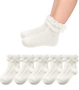 KEREDA Girls Kids Baby Frilly Socks White Cotton Ankle School Lace Socks 5 Pairs Age 6M-9Y
