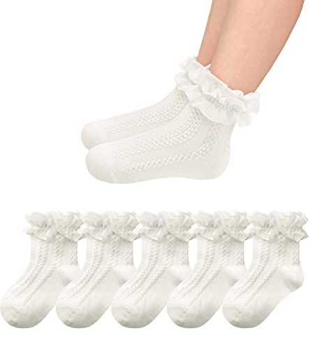 KEREDA Girls Kids Baby Frilly Socks White Cotton Ankle School Lace Socks 5 Pairs Age 6M-9Y
