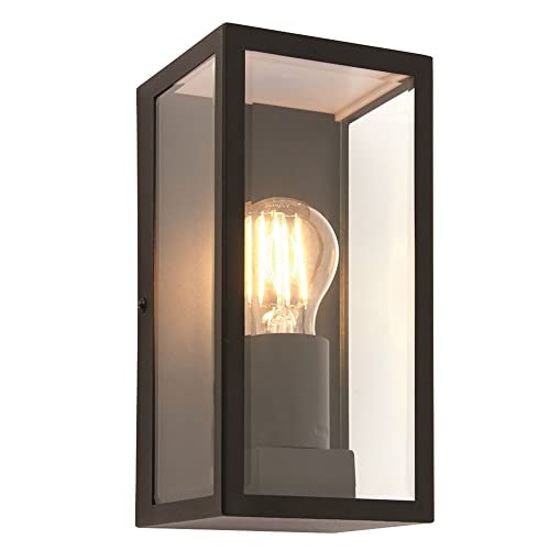 National Lighting Outdoor Wall Light - Matt Black Stainless Steel Boxed Lantern with Glass Panels - IP44 Rated Outside Light - Compatible with 28W 240V E27 Eco GLS or LED E27 (Not Included)            [Energy Class A]