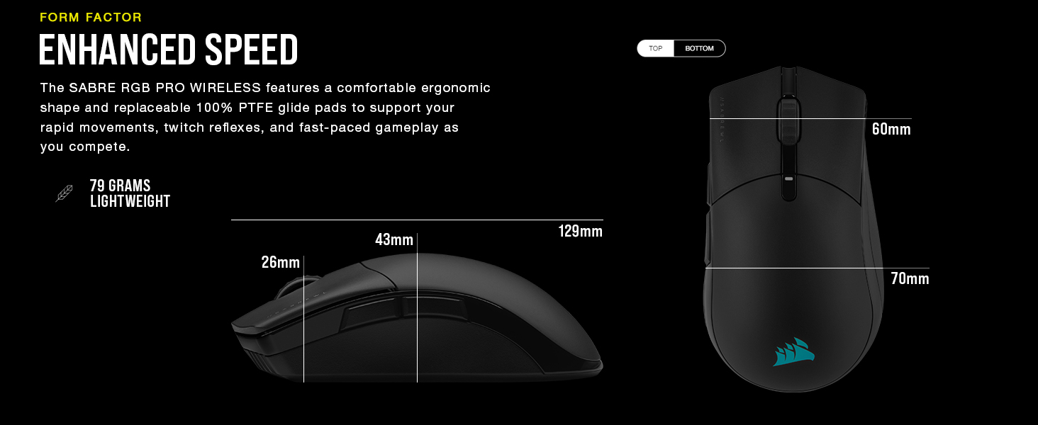The SABRE PRO WIRELESS features a comfortable ergonomic shape and replaceable 100% PTFE glide pads