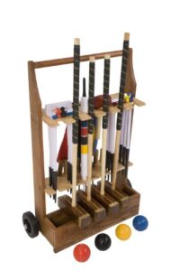 Championship Croquet Set with Wooden Trolley - Contains 2 sizes of rosewood mallet; 2 x 34” and 2 x 38.” The set also includes 4 16oz composite balls