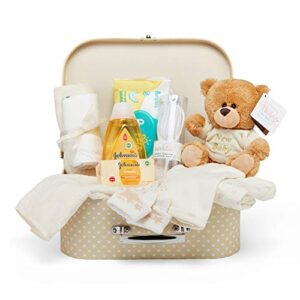 Newborn Unisex Baby Gift Set - Hand Packed Cream Hamper with Suitcase Keepsake Box