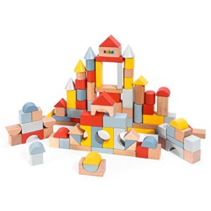 SOKA 100 pcs Wooden Building Blocks Neutral Coloured Shape Bricks Construction Developmental Stacking Sensory Toy Set for Toddlers Children Boy Girl Ages 12 Months+
