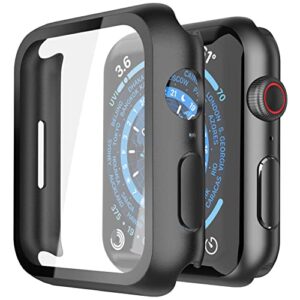 Piuellia 2 Pack Black Hard Case with Tempered Glass Screen Protector Compatible for Apple Watch Series 8 Series 7 45mm