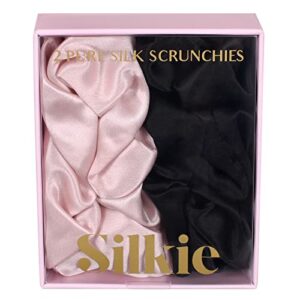 SILKIE x2 Set 100% Pure Mulberry Silk Pink Black Large Oversized Scrunchies Silk Travel Pouch Hair Ties Elastics Hair Care Premium Ponytail Holder No Damage