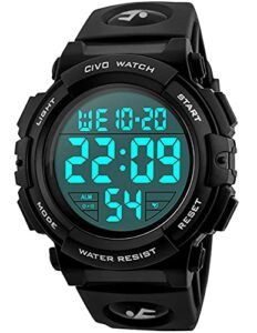 Mens Digital Sports Watches Military Big Numbers 50M Waterproof Large Face Army Wrist Watch LED Back Light Casual Watch for Men Rubber Black