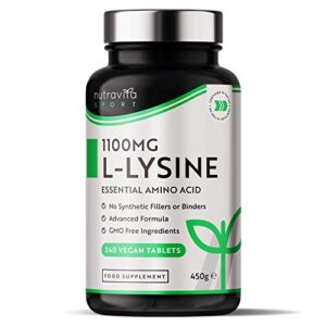 L-Lysine 1100mg High Strength - 240 Vegan Tablets (8 Month Supply) - L Lysine Essential Amino Acid Supplement - Normal Growth and Muscle Turnover - No Synthetic Binders - Made in The UK by Nutravita