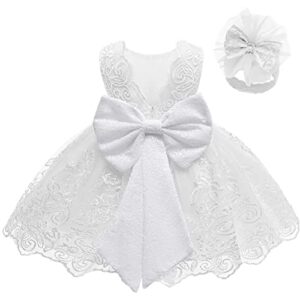 LZH Baby Girls Lace Embroidery Dress Bowknot Party Dress Bridesmaid Wedding Gown with Headwea